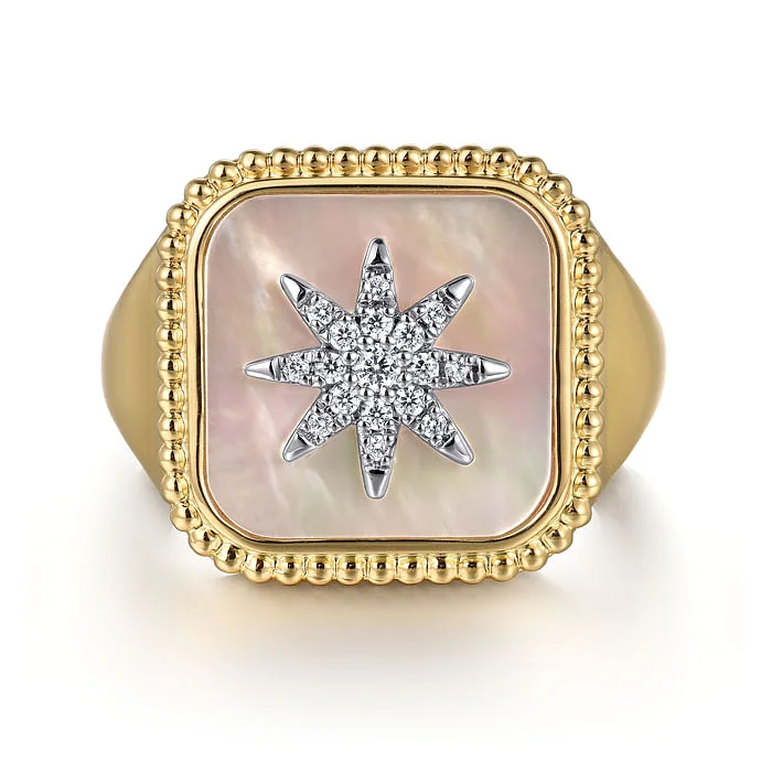 women’s engagement rings with square sapphires and diamonds-Mother of Pearl and Diamond Signet Ring in 14K Yellow Gold