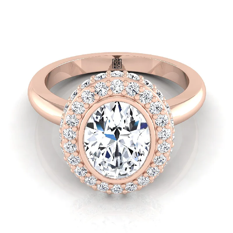 women’s rings with oval sapphires and diamond settings-14K Rose Gold Oval Bezel Pave 3D Halo Solitaire Engagement Ring