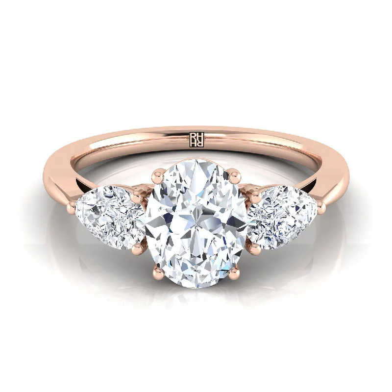 engagement rings with emerald-cut sapphires and diamond pave bands-14K Rose Gold Oval Diamond Perfectly Matched Pear Shaped Three Diamond Engagement Ring -7/8ctw