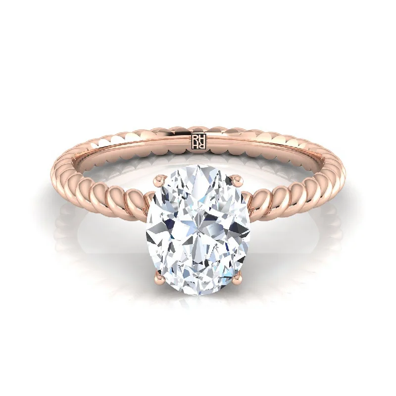 engagement rings with princess-cut sapphires and square diamonds-14K Rose Gold Oval Diamond Twisted Rope Solitaire With Surprise Stone Engagement Ring