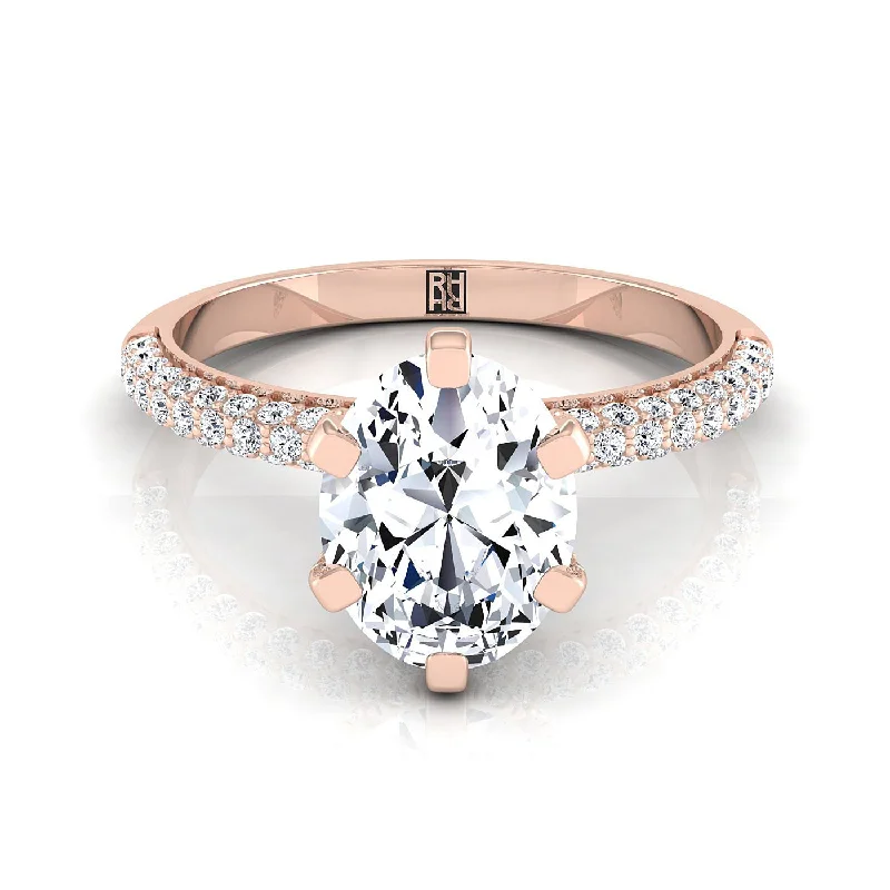 women’s engagement rings with radiant sapphires and diamonds-14K Rose Gold Oval Diamond Three Row French Pave Simple Engagement Ring -1/3ctw