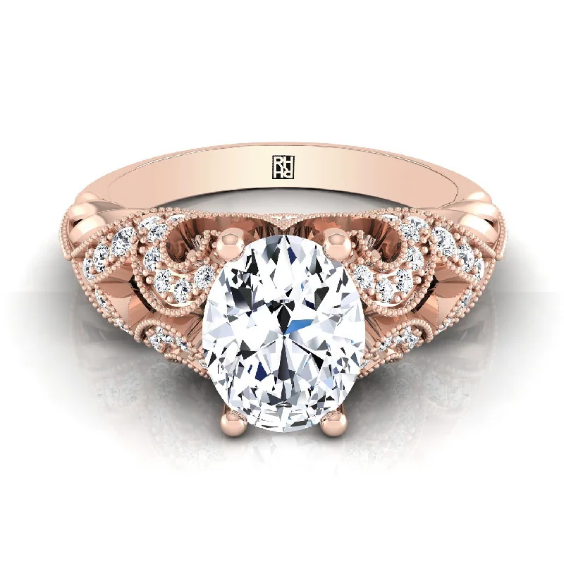 women’s engagement rings with round diamonds and sapphire pave-14K Rose Gold Oval Beautiful Open Scroll and Antique Bead Diamond Engagement Ring -1/3ctw