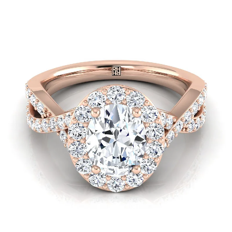 men’s wedding bands with princess-cut diamonds and sapphires-14K Rose Gold Oval Twisted Open Lattice Diamond Halo Engagement Ring -3/4ctw