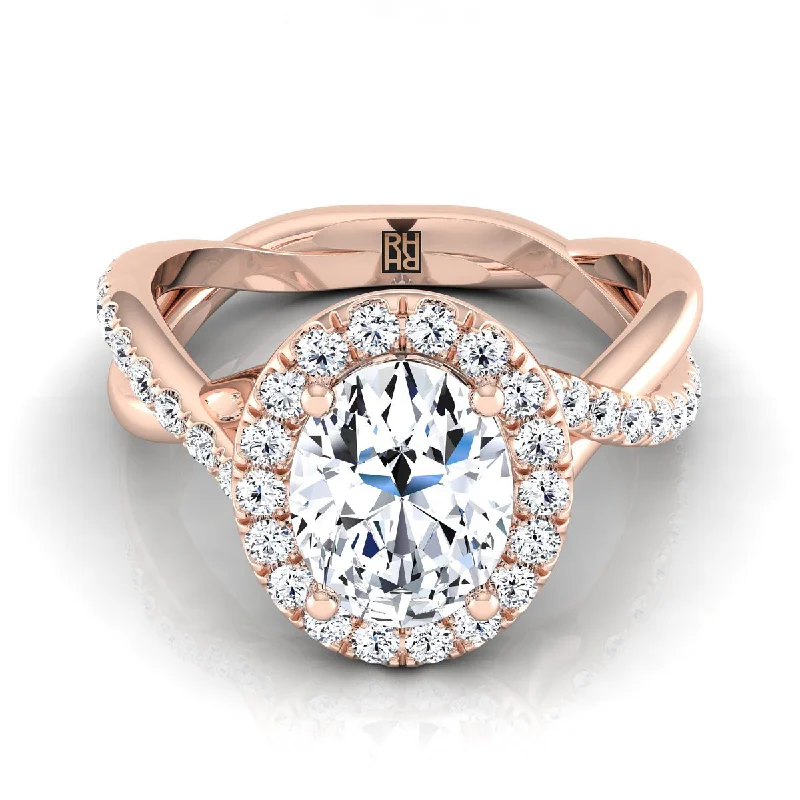 engagement rings with round diamonds and sapphire halos-14K Rose Gold Oval Diamond Twisted Vine Halo Engagement Ring -1/2ctw