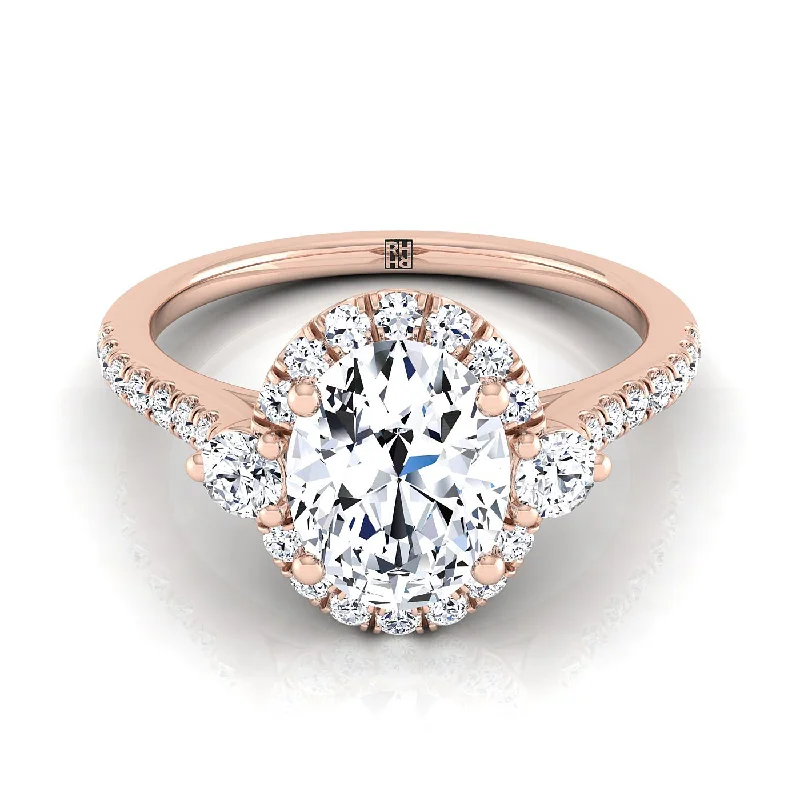 engagement rings with radiant diamonds and sapphire pave settings-14K Rose Gold Oval Diamond Three Stone Delicate Halo Engagement Ring -1/3ctw