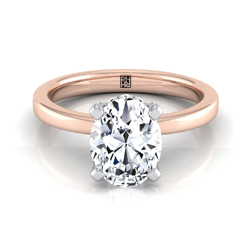 women’s rings with radiant sapphires and diamond pave designs-14K Rose Gold Oval Diamond Hidden Pave Basket Crown Solitaire Engagement Ring -1/10ctw