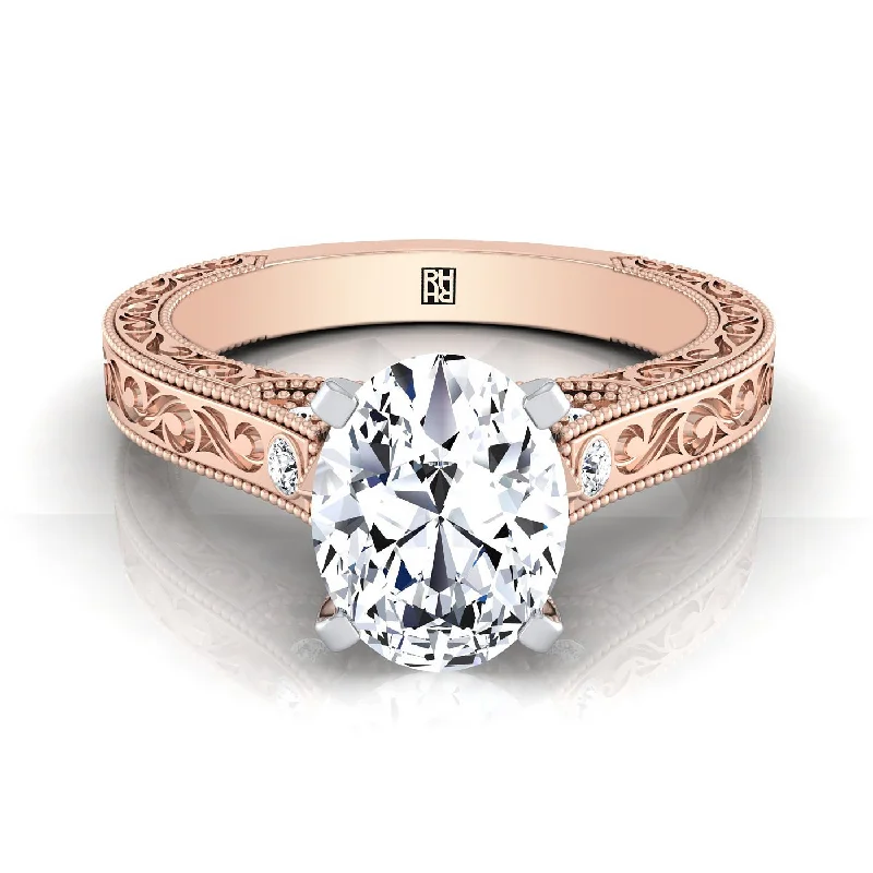 engagement rings with round diamonds and sapphire halos-14K Rose Gold Oval Delicate Diamond Accented Antique Hand Engraved Engagement Ring -1/10ctw