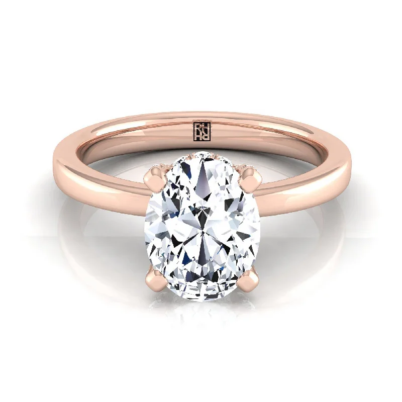 women’s engagement rings with oval diamonds and sapphire accents-14K Rose Gold Oval Diamond Adorned Claws and Secret Halo Solitaire Engagement Ring -1/10ctw