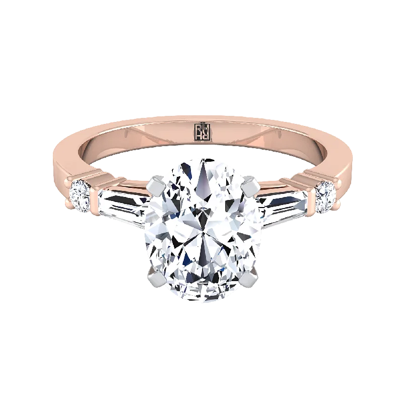 engagement rings with radiant sapphires and diamonds-14K Rose Gold Oval Diamond Simple Baguette and Round Solitaire Engagement Ring -1/4ctw