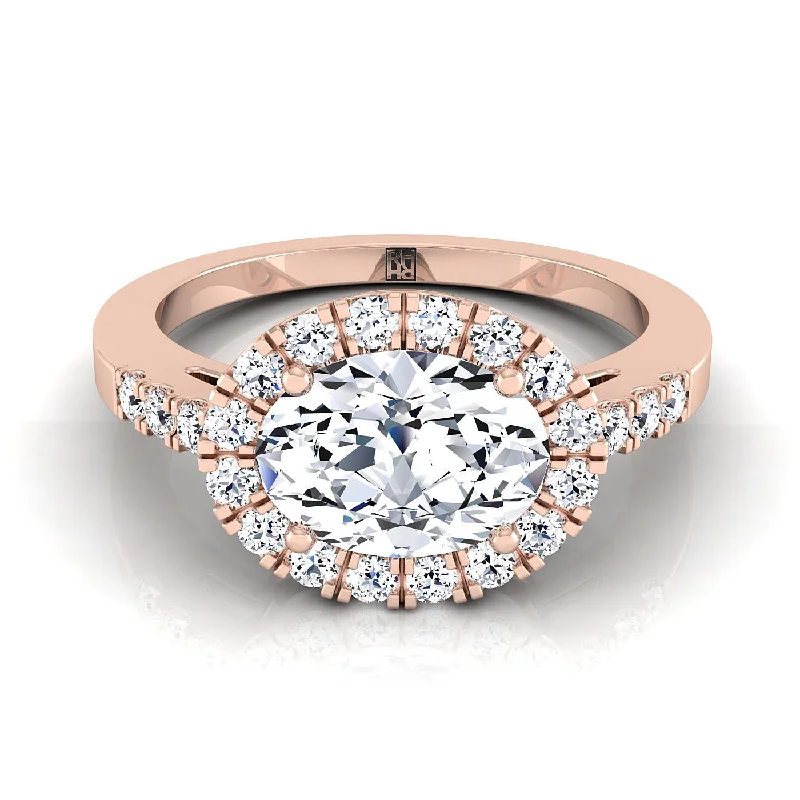 women’s rings with square diamonds and sapphire pave settings-14K Rose Gold Oval Diamond Horizontal Fancy East West Halo Engagement Ring -1/3ctw