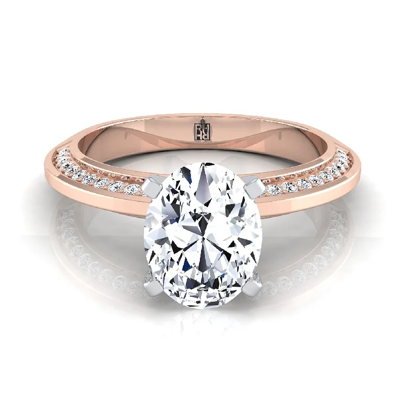 engagement rings with oval sapphires and diamond halos-14K Rose Gold Oval Diamond Knife Edge Micropave Engagement Ring -1/5ctw