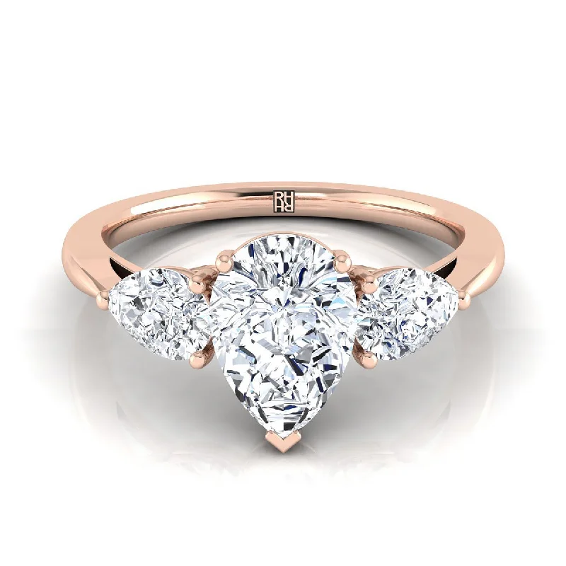 women’s engagement rings with oval sapphires and diamond pave bands-14K Rose Gold Pear Shape Center Diamond Perfectly Matched Pear Shaped Three Diamond Engagement Ring -7/8ctw