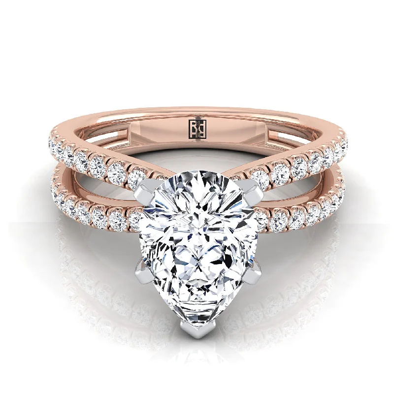 women’s engagement rings with sapphire and diamond combinations-14K Rose Gold Pear Shape Center Diamond Two Row Pavé Split Shank Engagement Ring -1/3ctw