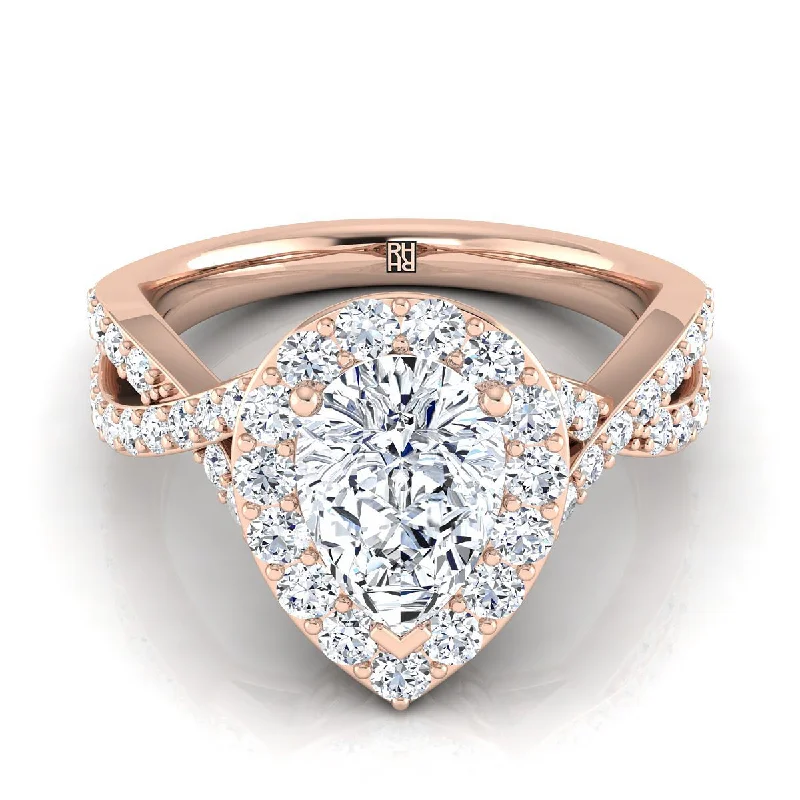 engagement rings with radiant sapphires and diamond pave designs-14K Rose Gold Pear Shape Center Twisted Open Lattice Diamond Halo Engagement Ring -3/4ctw