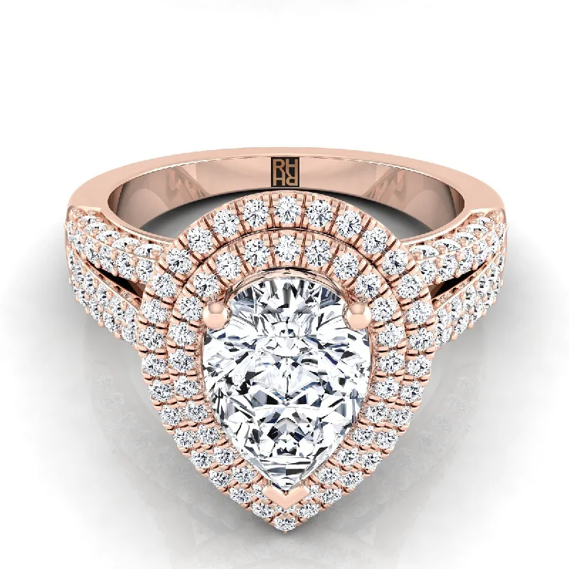 women’s rings with radiant diamonds and sapphire halos-14K Rose Gold Pear Shape Center Extraordinary Three Tier Diamond Halo Crown Engagement Ring -7/8ctw