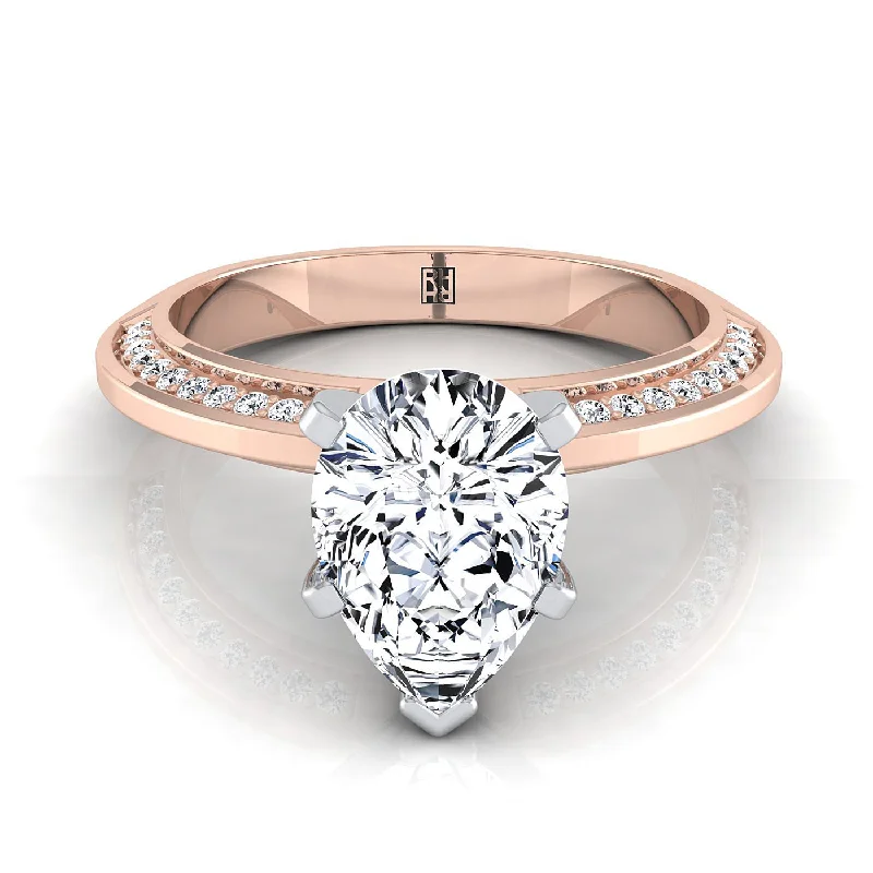 women’s engagement rings with oval sapphires and diamond center stones-14K Rose Gold Pear Shape Center Diamond Knife Edge Micropave Engagement Ring -1/5ctw