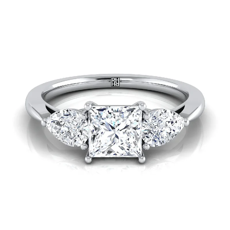 women’s rings with radiant diamonds and sapphire halos-14K White Gold Princess Cut Diamond Perfectly Matched Pear Shaped Three Diamond Engagement Ring -7/8ctw