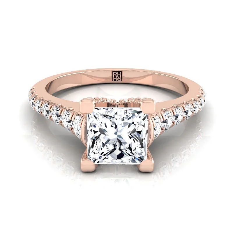 men’s wedding bands with square sapphires and diamonds-14K Rose Gold Princess Cut Diamond Pave Prong Linear Engagement Ring -1/2ctw