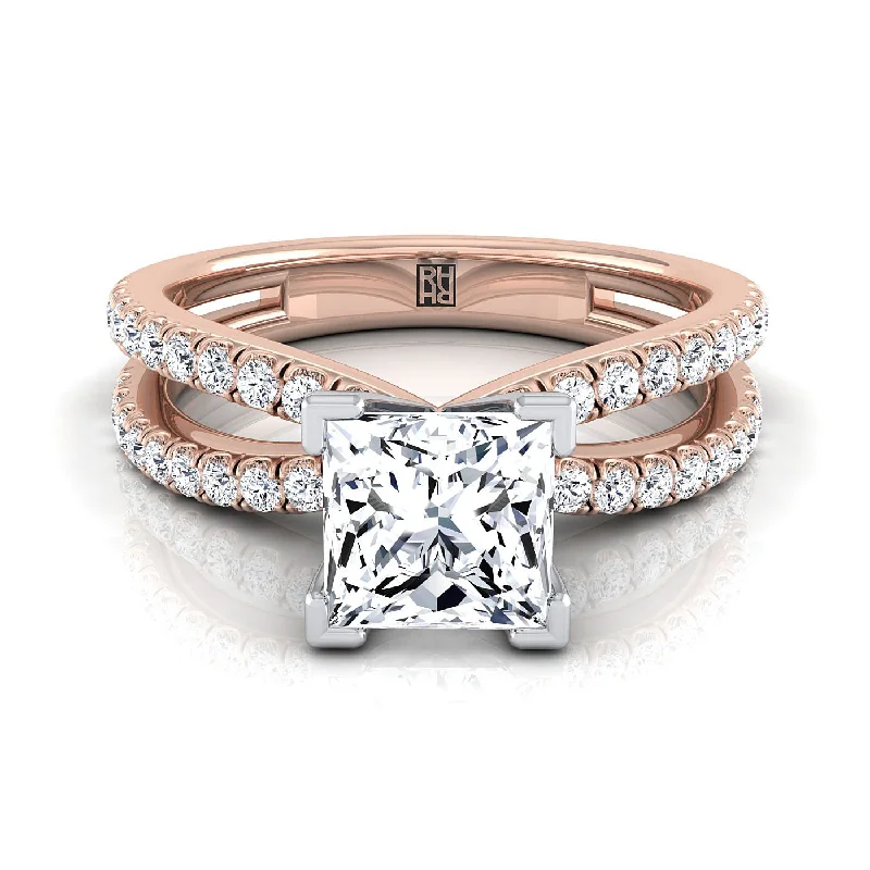 men’s wedding rings with sapphire and ruby center stones-14K Rose Gold Princess Cut Diamond Two Row Pavé Split Shank Engagement Ring -1/3ctw