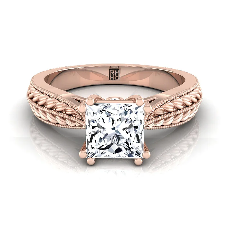 men’s rings with sapphire and diamond pave settings for weddings-14K Rose Gold Princess Cut Antique Wheat and Bead Pinched Solitaire Engagement RIng