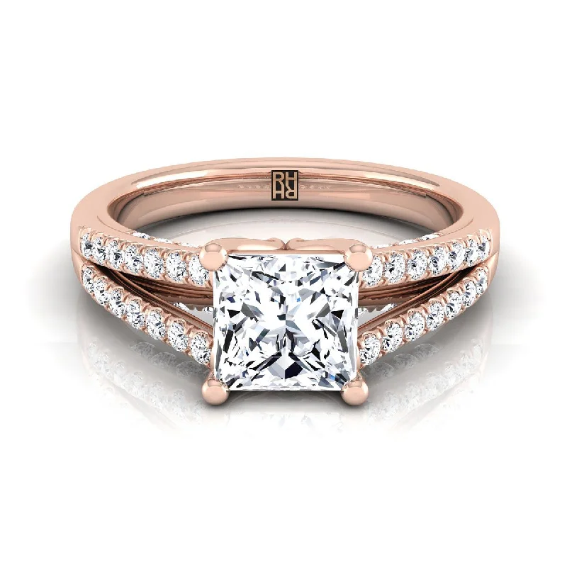 women’s rings with large sapphires and diamond center stones-14K Rose Gold Princess Cut Diamond Split Shank French Pave Engagement Ring -1/3ctw