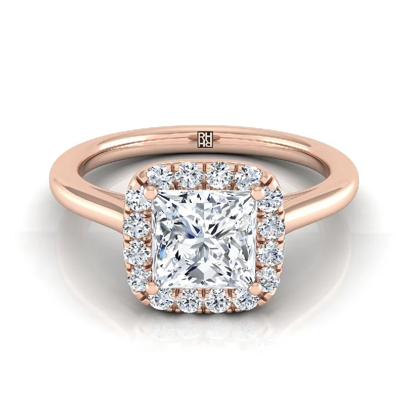 women’s engagement rings with round sapphires and diamond pave designs-14K Rose Gold Princess Cut Diamond Classic Prong Set Diamond Halo Engagement Ring -1/5ctw