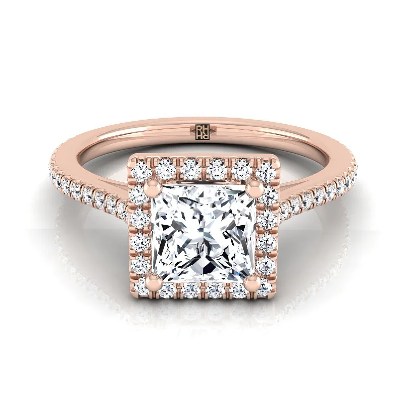 women’s rings with emerald-cut sapphires and diamond pave settings-14K Rose Gold Princess Cut Classic French Pave Halo and Linear Engagement Ring -1/4ctw