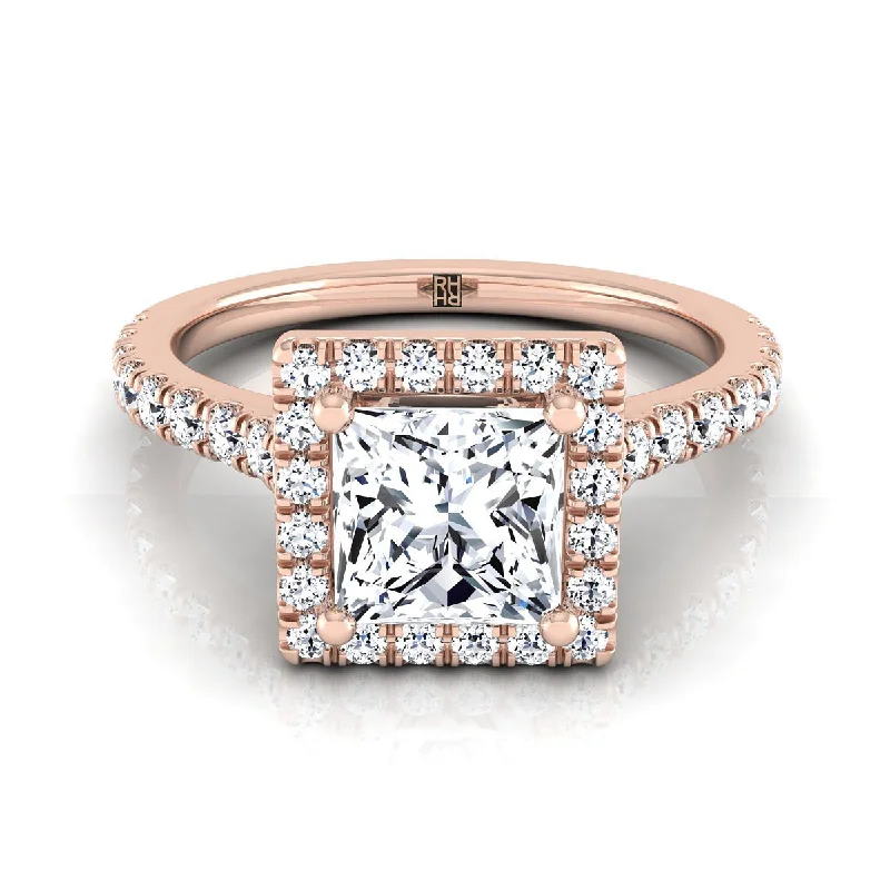 women’s rings with radiant diamonds and sapphire center stones-14K Rose Gold Princess Cut Diamond Shared Prong Halo with French Pave Engagement Ring -3/8ctw