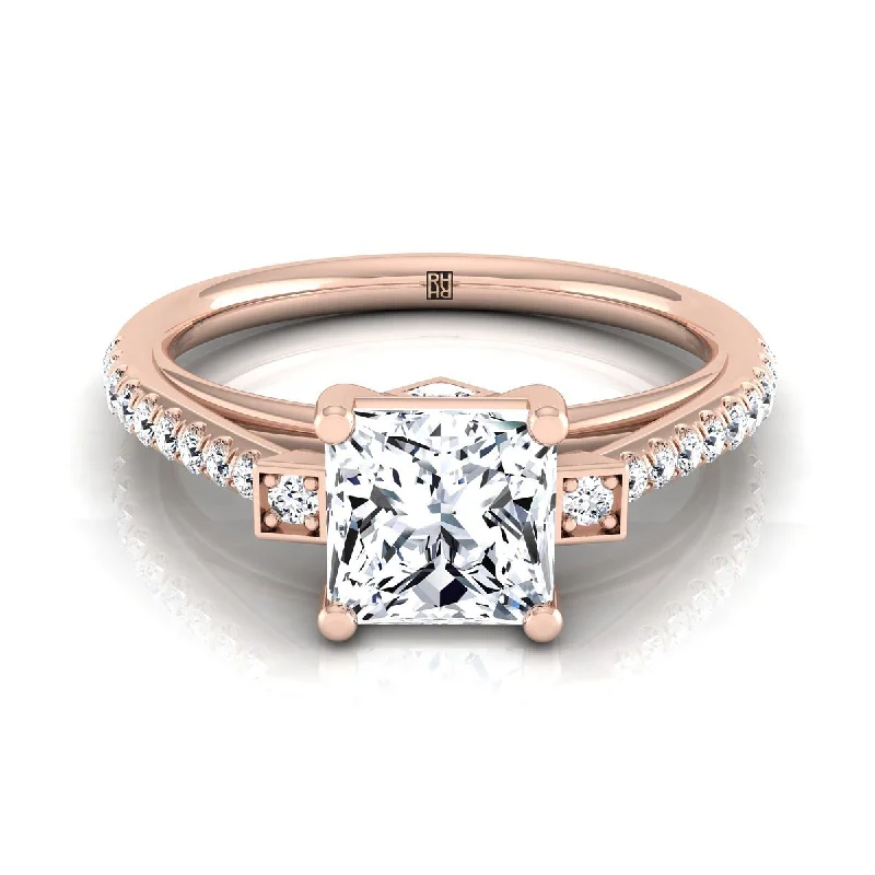 engagement rings with princess-cut sapphires and diamond halos-14K Rose Gold Princess Cut Diamond Delicate Three Stone Pave Engagement Ring -1/3ctw