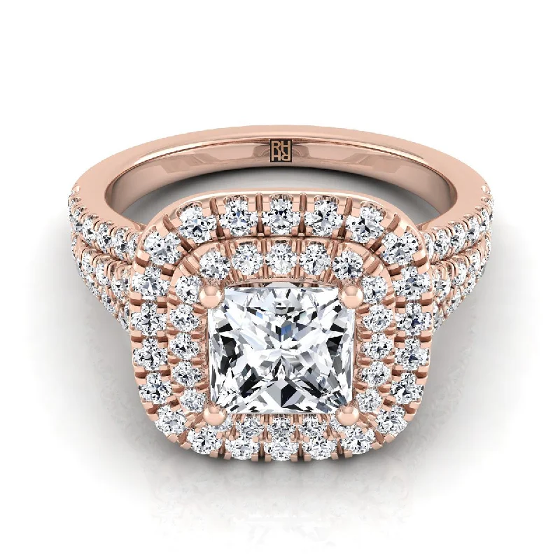 women’s rings with square diamonds and sapphire pave designs-14K Rose Gold Princess Cut Diamond Four Row Split Shank Pave Double Halo Diamond Engagement Ring -7/8ctw