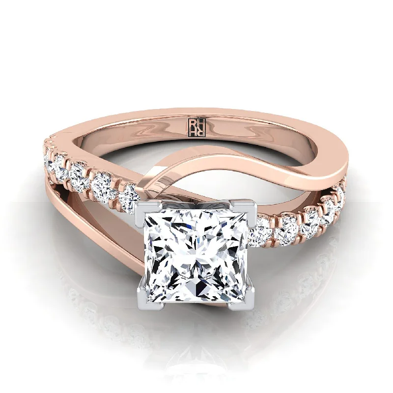 men’s wedding rings with round sapphires and diamond pave bands-14K Rose Gold Princess Cut Unique Bypass Diamond Pave Swirl Engagement Ring -3/8ctw