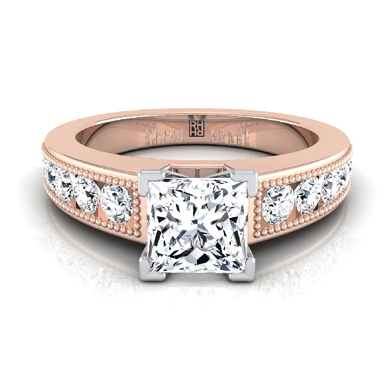 engagement rings with round sapphires and diamond pave bands-14K Rose Gold Princess Cut Diamond Antique Milgrain Bead and Channel Set Engagement Ring -1/2ctw