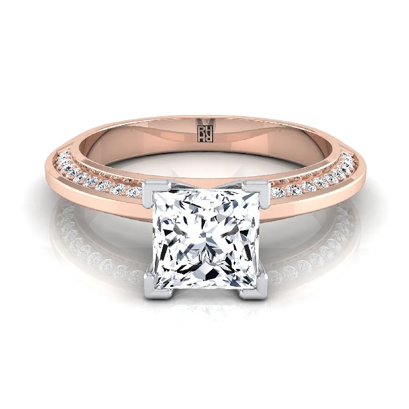 men’s wedding rings with emerald-cut diamonds and sapphire bands-14K Rose Gold Princess Cut Diamond Knife Edge Micropave Engagement Ring -1/5ctw