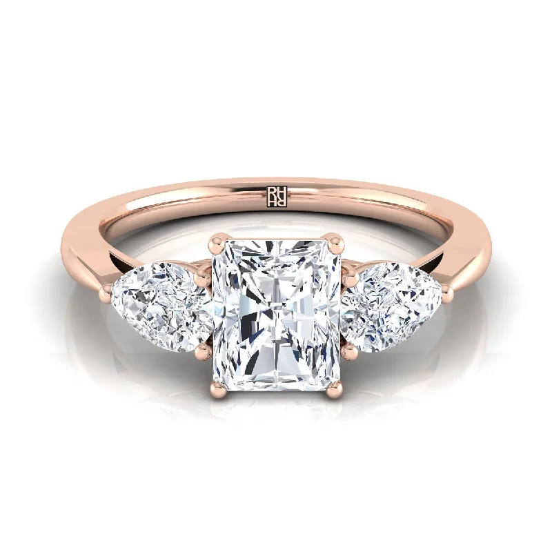 engagement rings with radiant diamonds and sapphire center stones-14K Rose Gold Radiant Cut Center Diamond Perfectly Matched Pear Shaped Three Diamond Engagement Ring -7/8ctw