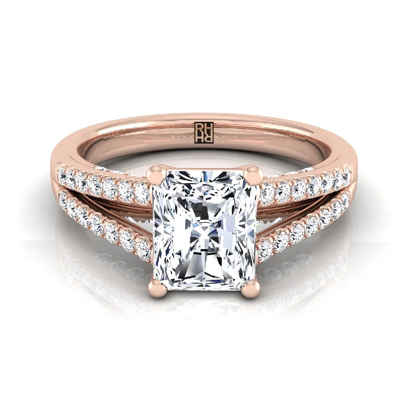 engagement rings with square sapphires and diamond pave bands-14K Rose Gold Radiant Cut Center Diamond Split Shank French Pave Engagement Ring -1/3ctw