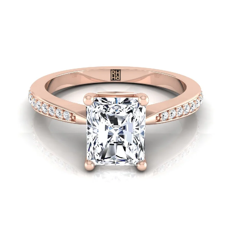 engagement rings with square sapphires and diamond halos-14K Rose Gold Radiant Cut Center Diamond Tapered Pave Engagement Ring -1/8ctw