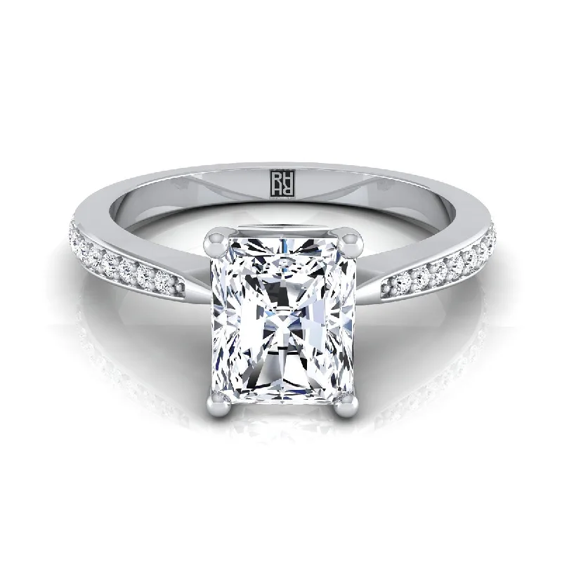 women’s engagement rings with square sapphires and diamond bands-14K White Gold Radiant Cut Center Diamond Tapered Pave Engagement Ring -1/8ctw