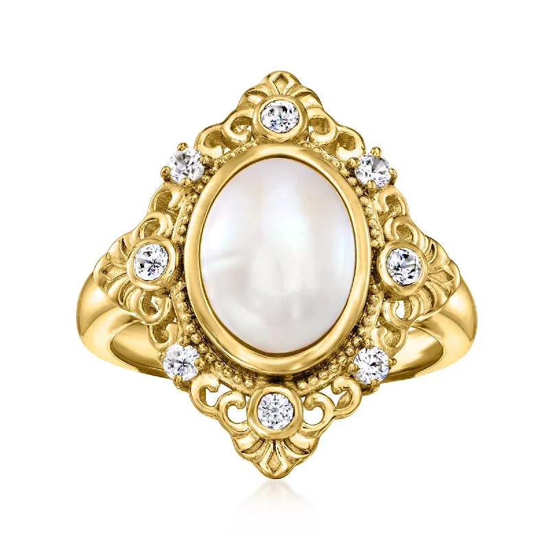 women’s rings with square diamonds and sapphire pave designs-Ross-Simons 11x8mm Cultured Pearl and . White Zircon Ring in 18kt Gold Over Sterling