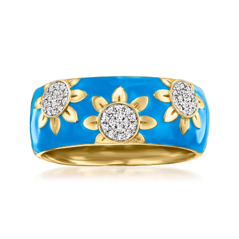 men’s wedding bands with oval sapphires and diamonds for weddings-Ross-Simons Diamond and Blue Enamel Flower Ring in 18kt Gold Over Sterling