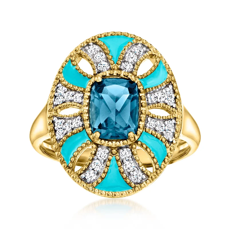 men’s wedding rings with emerald-cut diamonds and sapphire accents-Ross-Simons London Blue Topaz Ring With . White Topaz and Turquoise Enamel in 18kt Gold Over Sterling