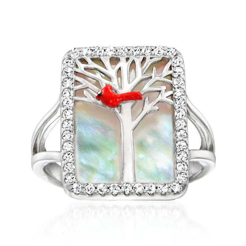 women’s rings with large diamonds and sapphire pave settings-Ross-Simons Mother-Of-Pearl and White Topaz Cardinal Ring With Multicolored Enamel in Sterling Silver