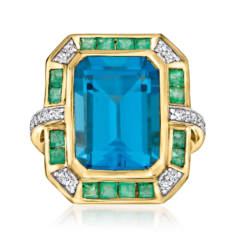 engagement rings with round sapphires and square diamonds-Ross-Simons Swiss Blue Topaz, . Emerald and . Diamond Ring in 14kt Yellow Gold