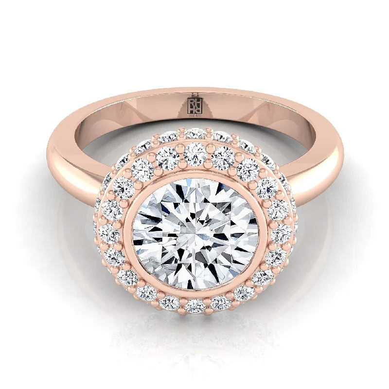 engagement rings with princess-cut sapphires and round diamonds-14K Rose Gold Round Brilliant Bezel Pave 3D Halo Solitaire Engagement Ring