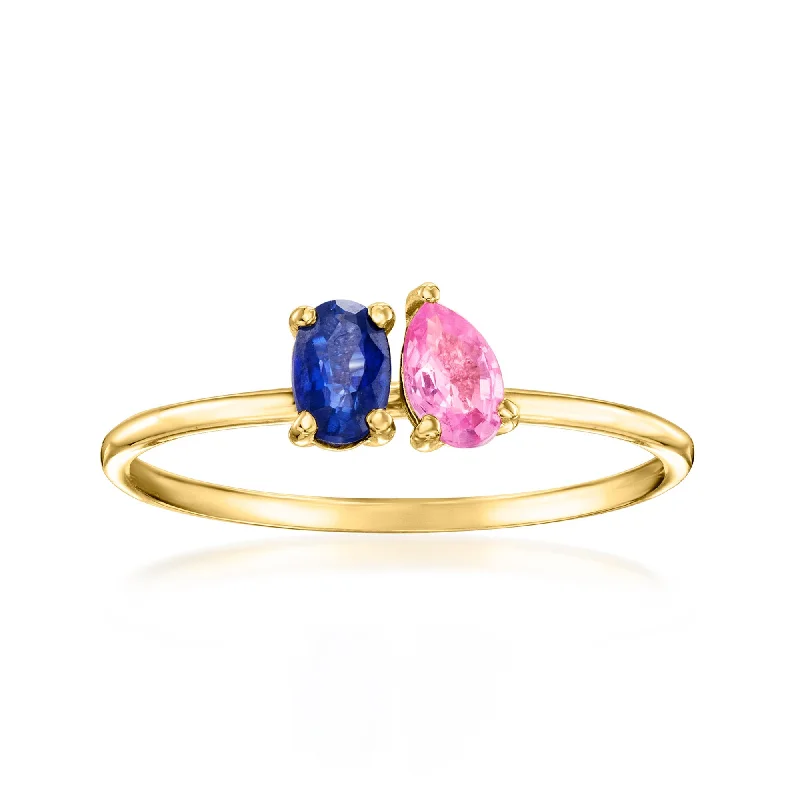 women’s rings with radiant sapphires and diamond pave designs-RS Pure by Ross-Simons Blue and Pink Sapphire Toi Et Moi Ring in 14kt Yellow Gold