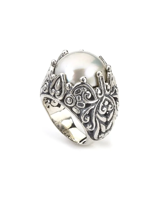 men’s rings with diamond pave and sapphire center stones-Samuel B. Silver 16mm Pearl Paisley Ring