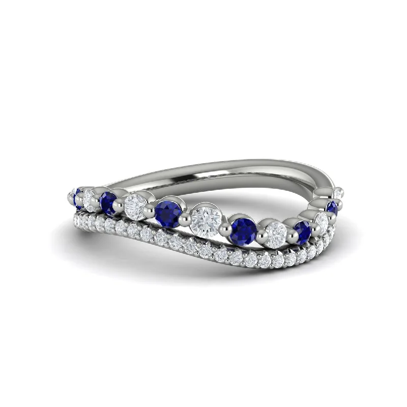 men’s wedding bands with oval sapphires and diamonds-Sapphire & Diamond Waved Band in 14K White Gold