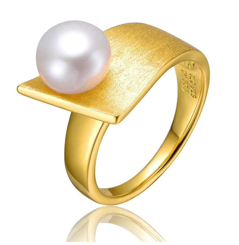 men’s wedding rings with square sapphires and diamond pave settings-Sterling Silver 14k Yellow Gold Plated with Genuine Freshwater Pearl Linear Ring