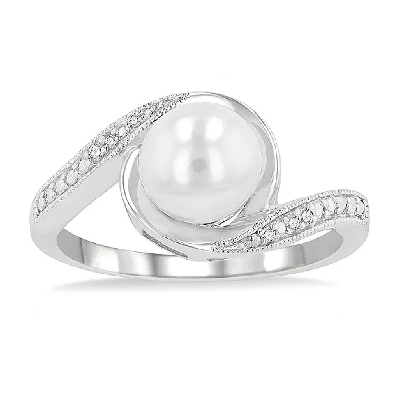 women’s rings with square diamonds and sapphire pave settings-Sterling Silver Pearl And Diamond Bypass Ring