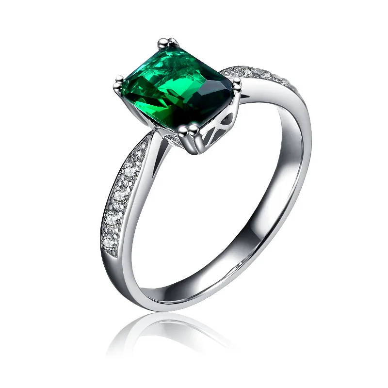 engagement rings with radiant sapphires and diamond settings-Sterling Silver with Emerald & Diamond Cubic Zirconia Emerald Cut French Pave Ring