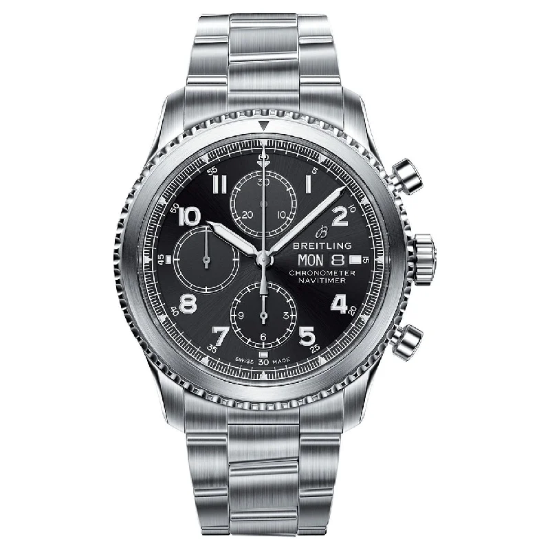 solar-powered watches with long-lasting battery and eco-friendly materials-Breitling Navitimer 8 Chronograph 43 Black Black Dial Men 43mm